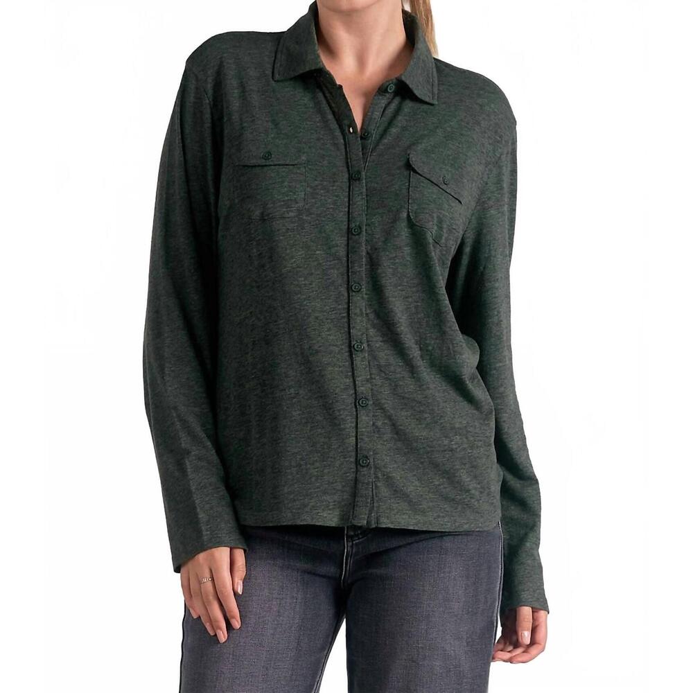NEW ELAN long sleeve button-up tee in olive green